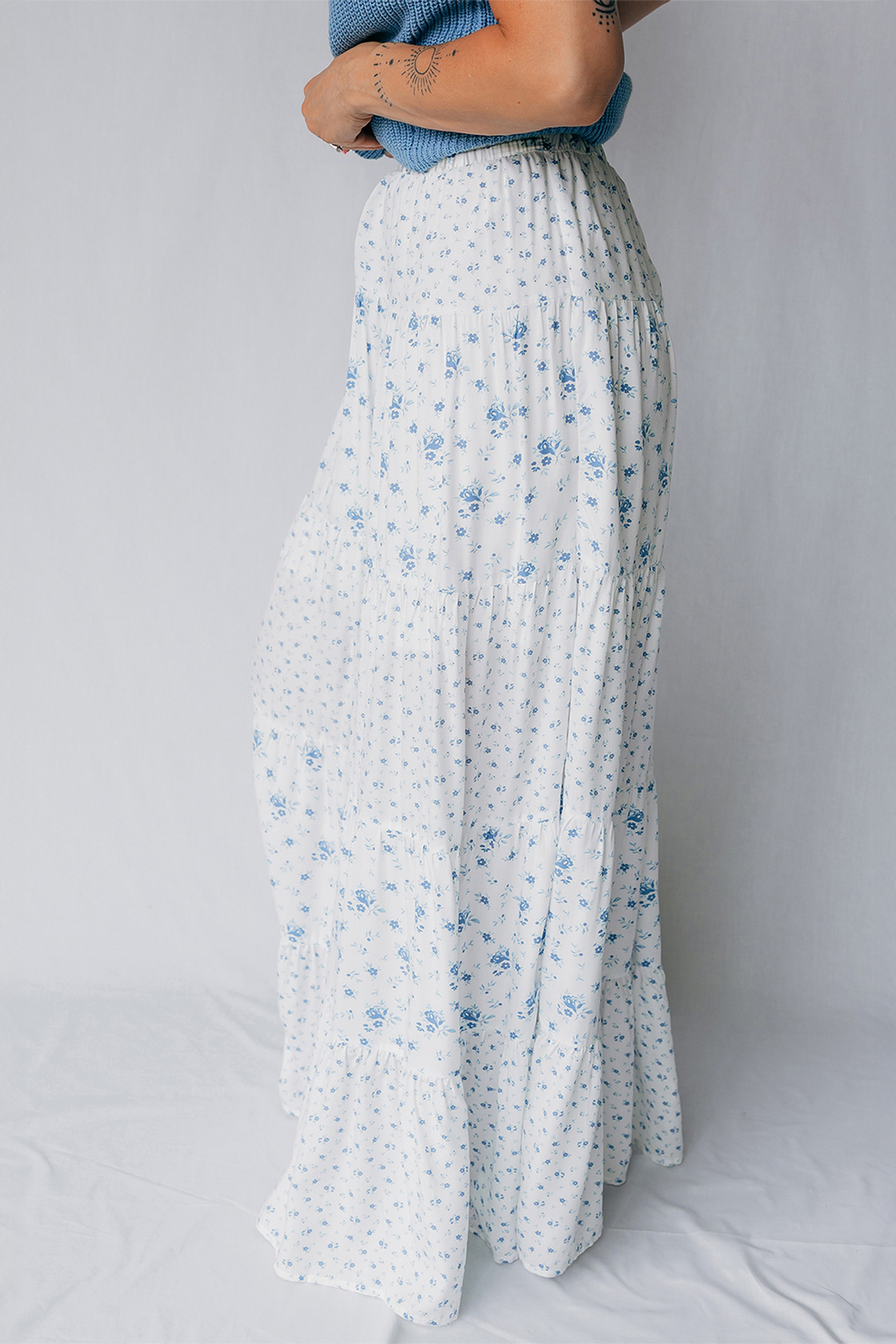 Sky Blue High Waist Tiny Floral Print Boho Maxi Skirt - Image 4