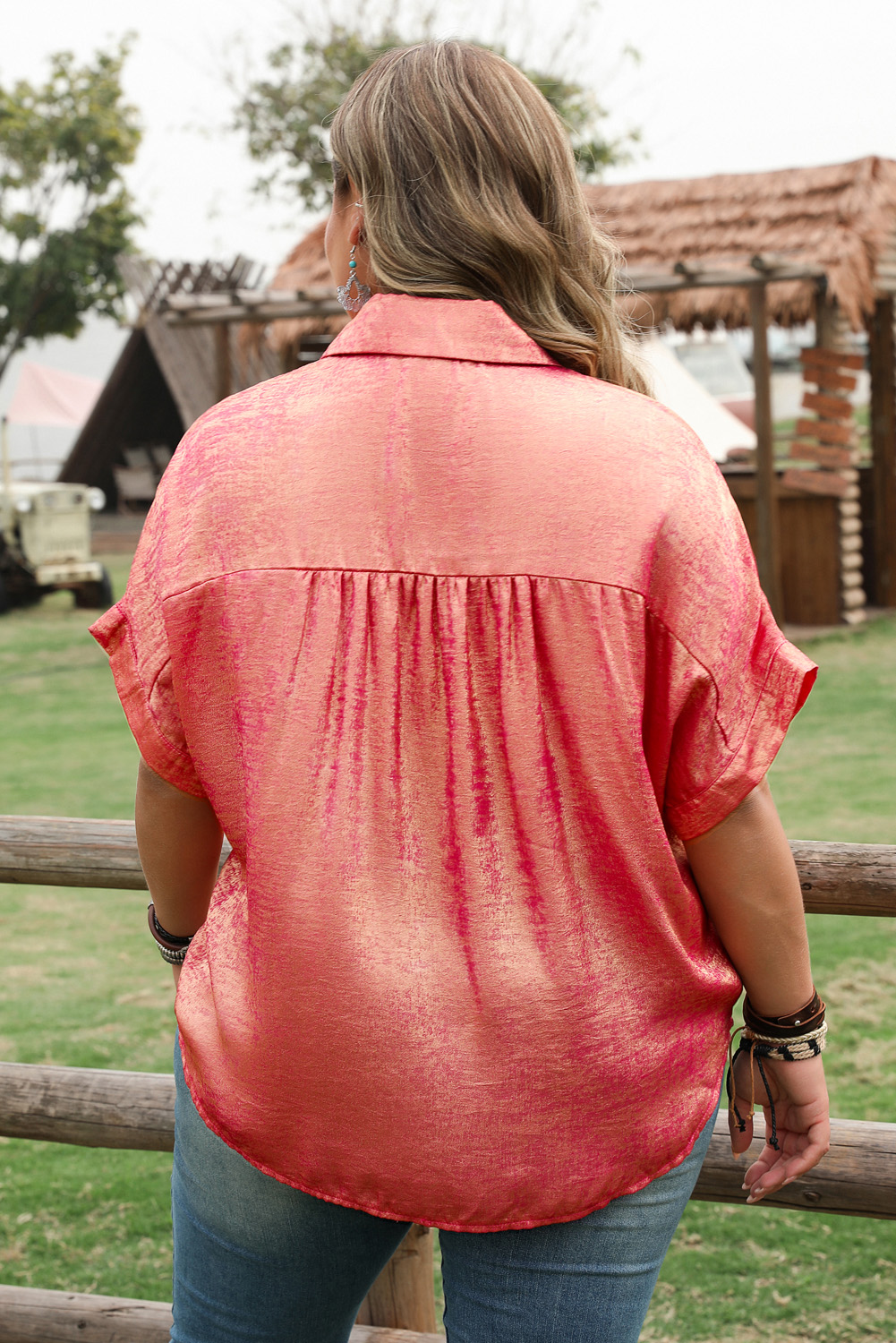 Rose Red Plus Size Metallic Sheen Short Sleeve Button Up Shirt - Image 2