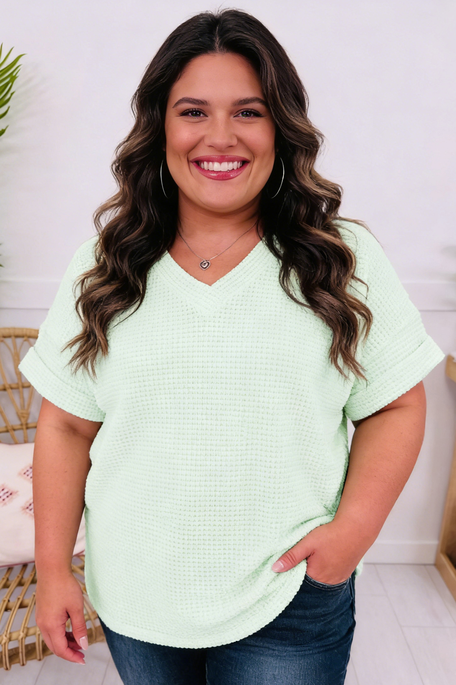 Wisteria V Neck Short Sleeve Plus Size Waffle Knit Top - Image 5