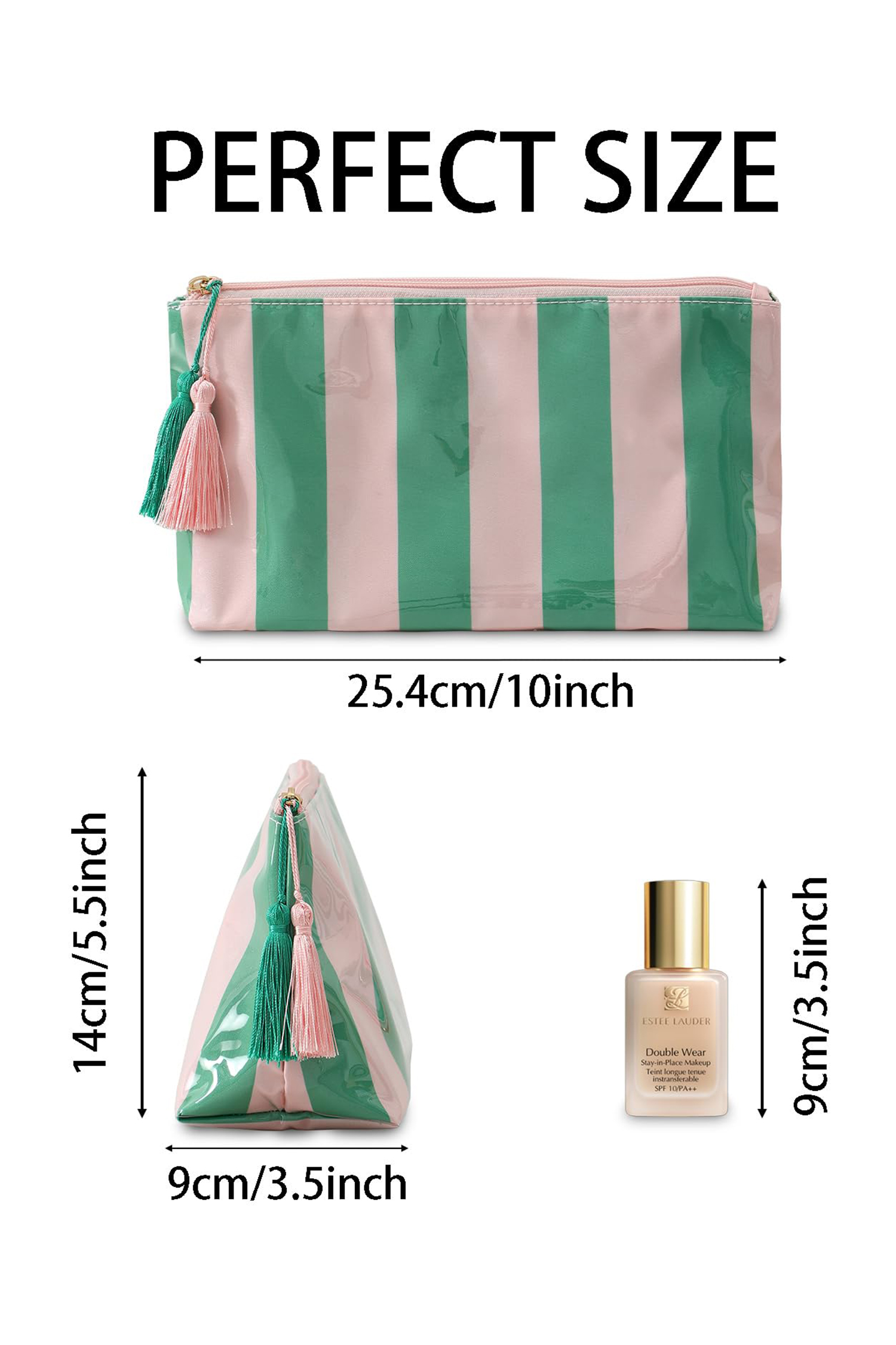 Dark Green Striped Vinyl Waterproof Tassel Zipper Makeup Bag - Image 7