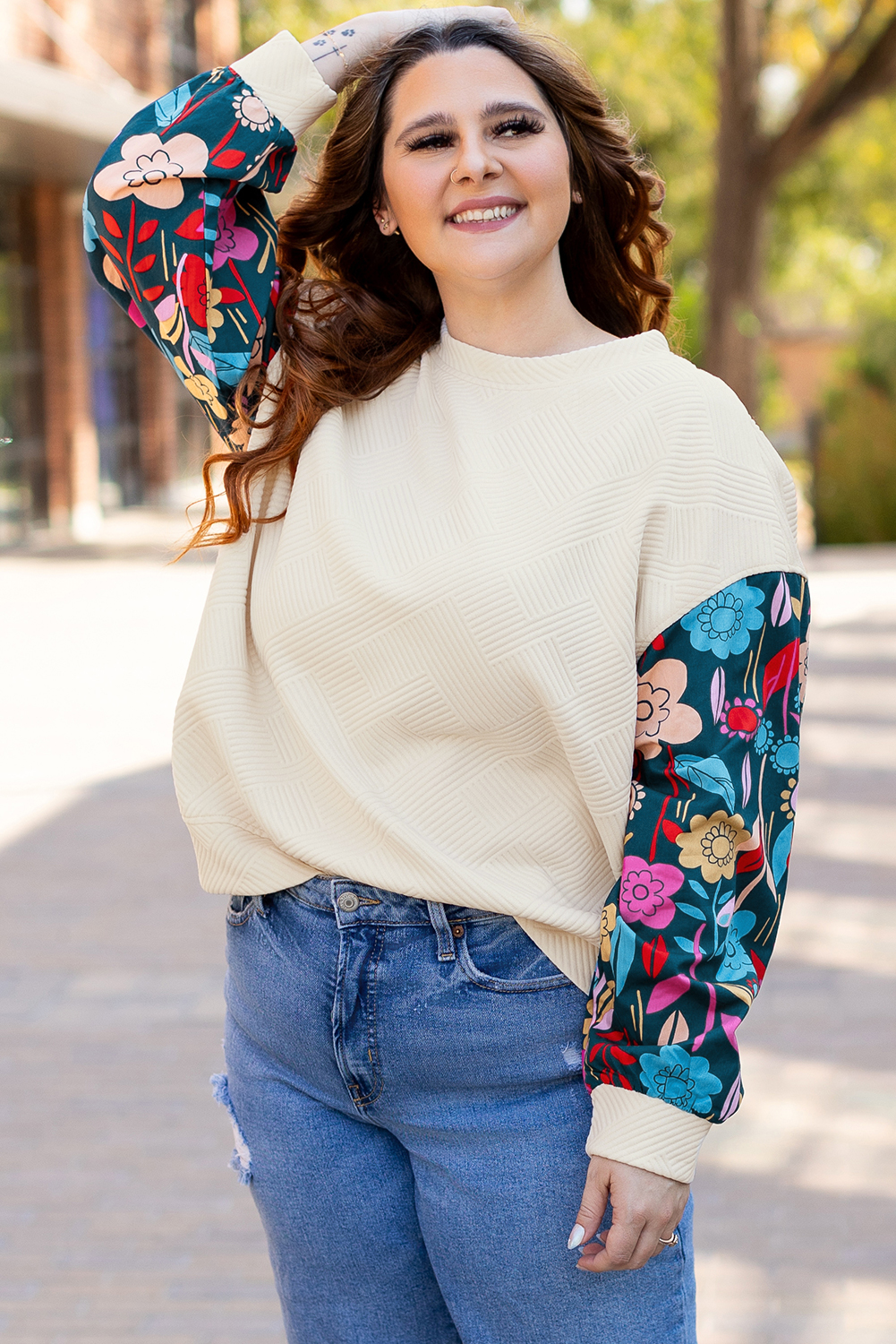 White Floral Patchwork Sleeve Textured Plus Size Pullover Top - Image 5