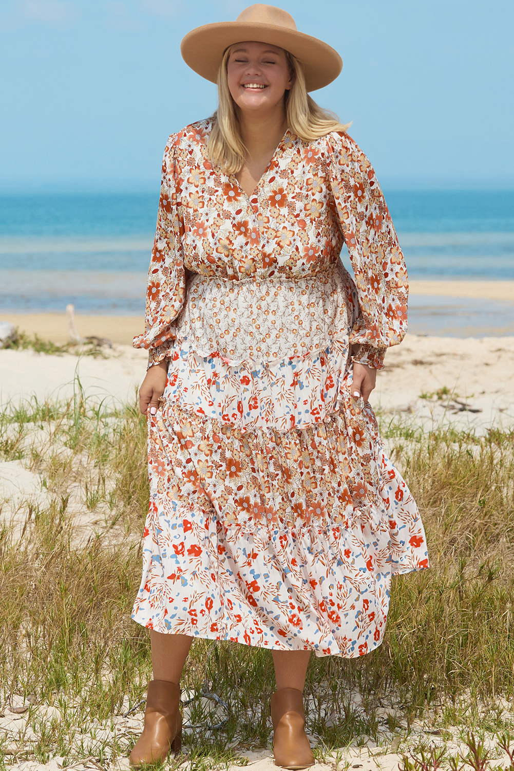 Khaki Plus Size Floral Tiered Ruffle Maxi Dress - Image 6