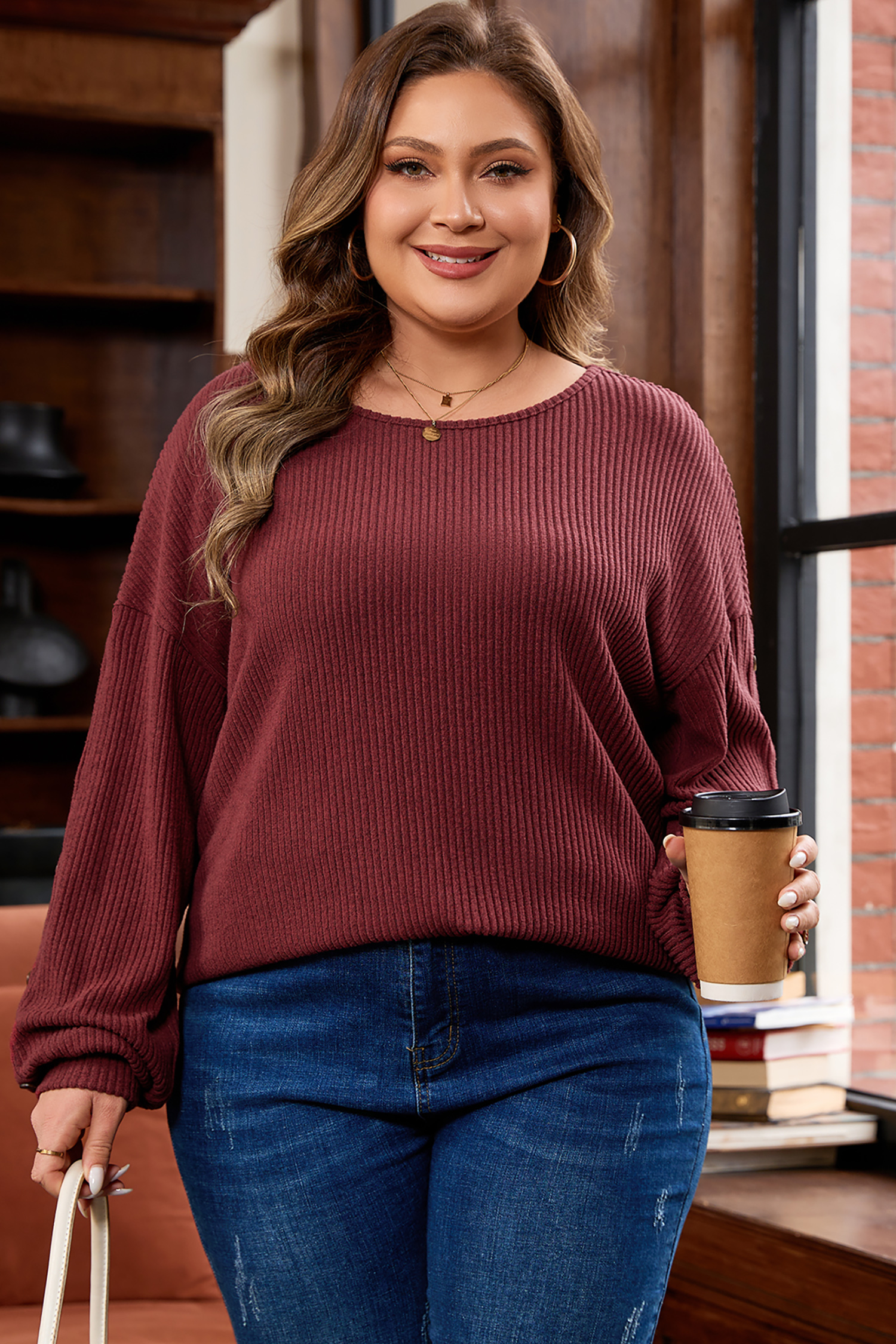 Wild Ginger Plus Size Ribbed Button Decor Long Sleeve Loose Top - Image 6