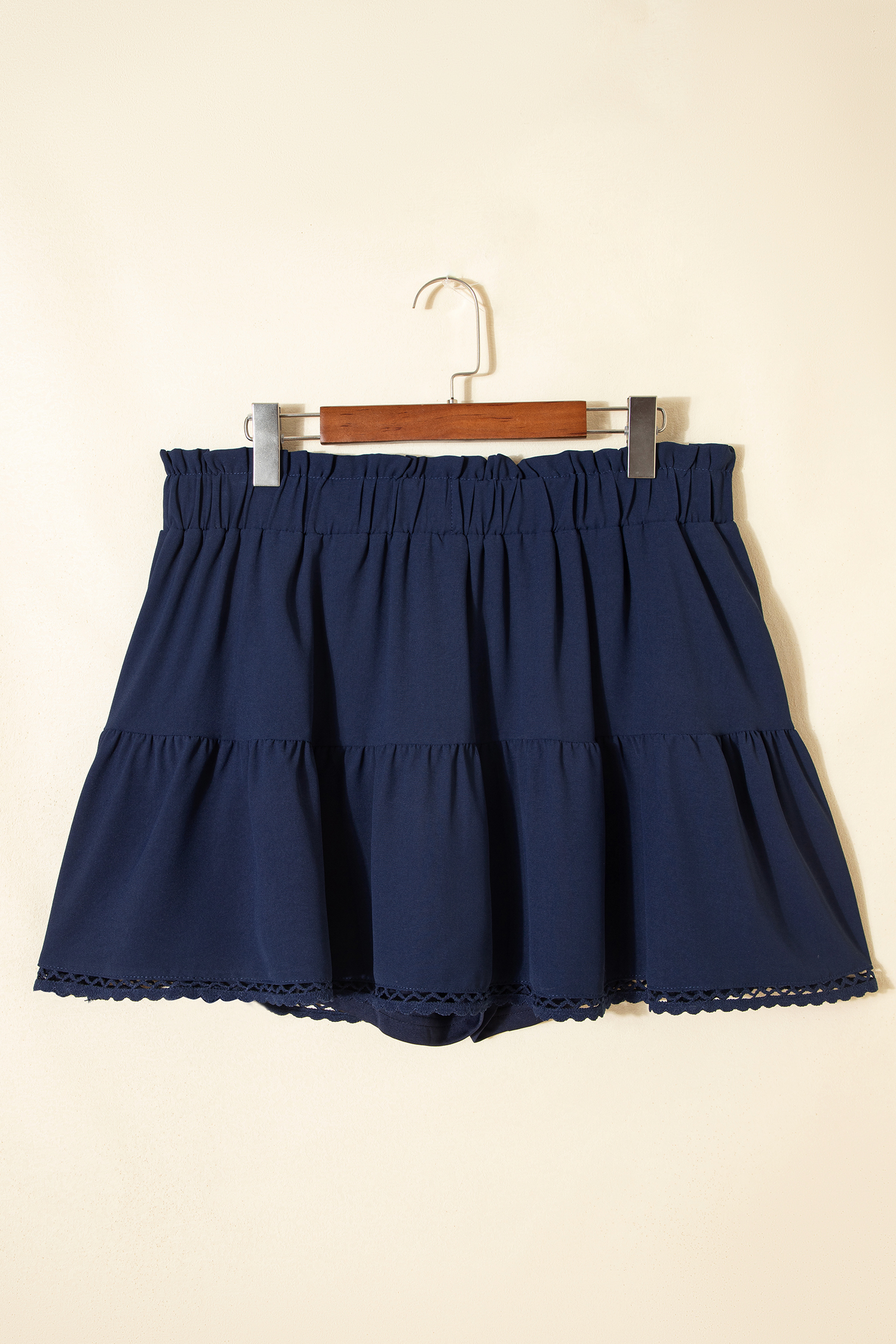 Navy Blue Plus Size Frilled Elastic Waist Lace Trim Boho Ruffled Shorts - Image 3