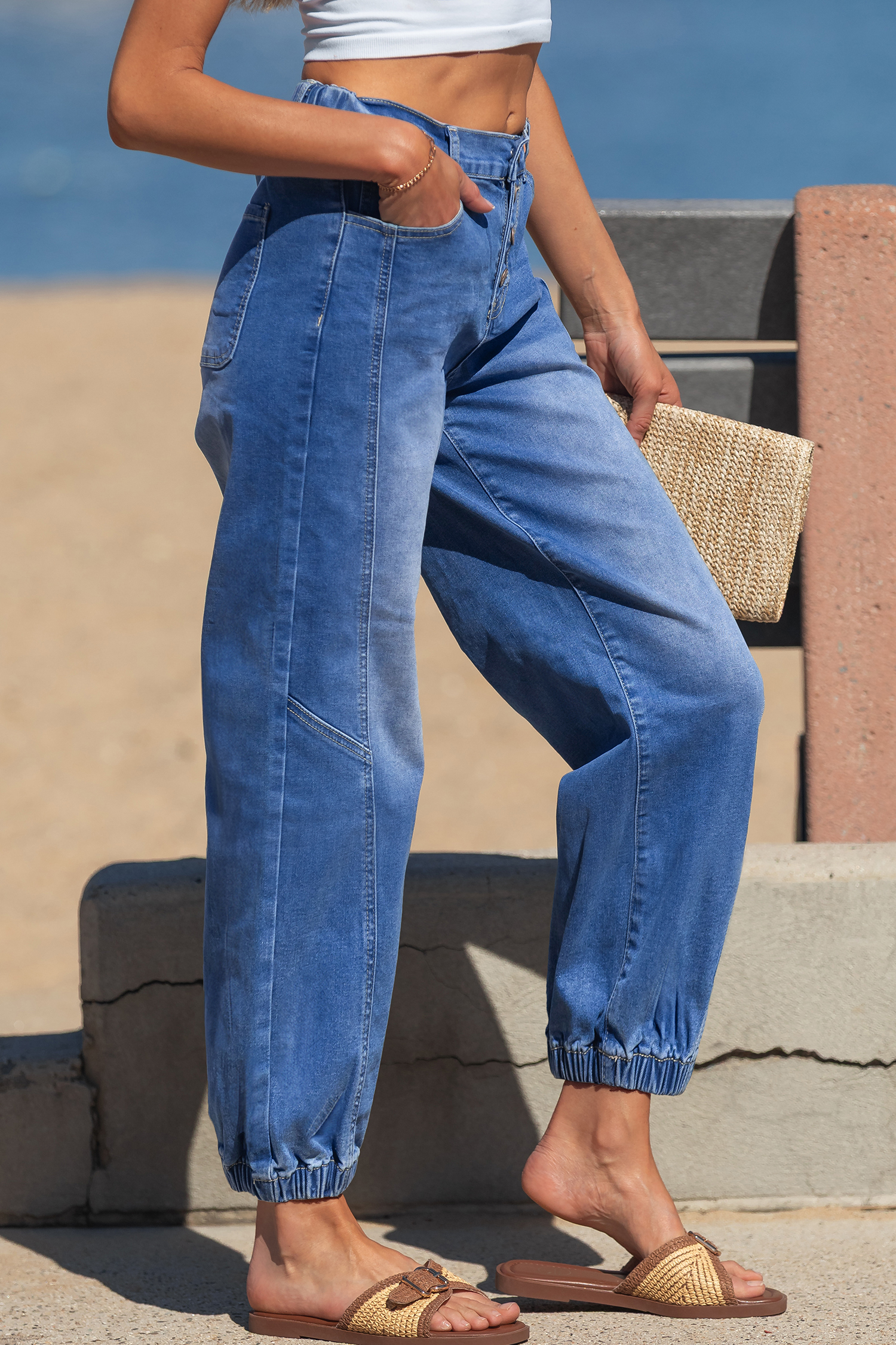 Blue 4 Buttons Front Tapered Casual Loose Fit Jeans - Image 3