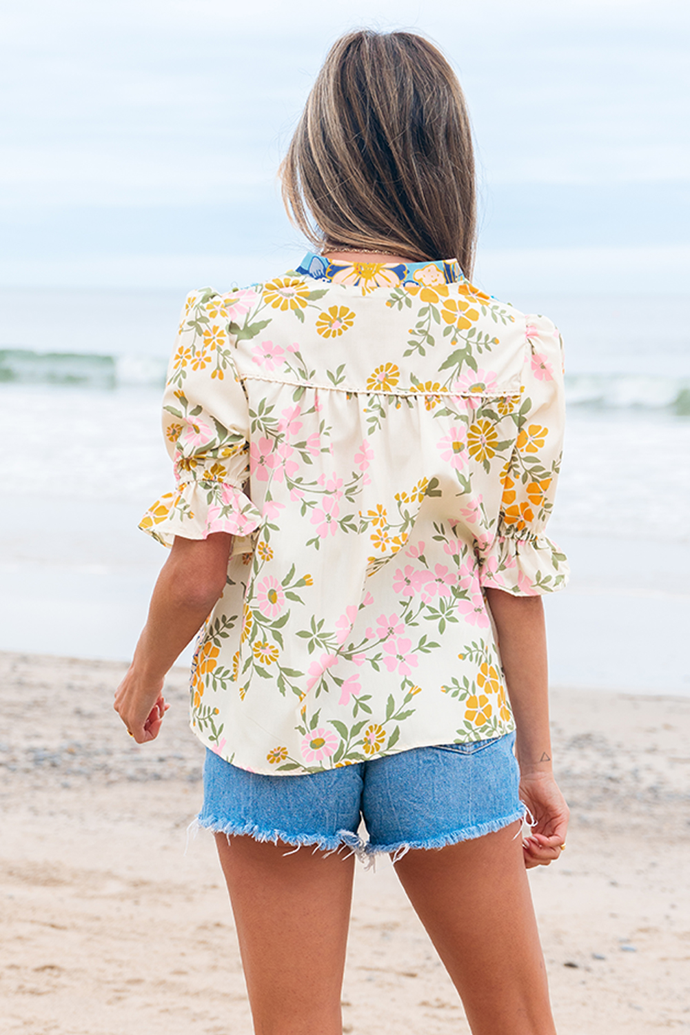 Multicolour Crochet V Neck Half Sleeve Boho Floral Blouse - Image 5