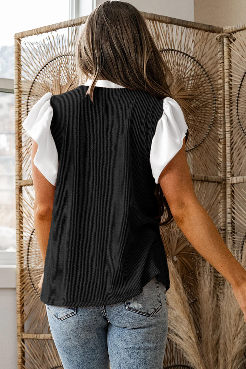 Fushia Plus Size Contrast Frilled Neckline Ruffled Short Sleeve Ribbed Textured Blouse - Image 5