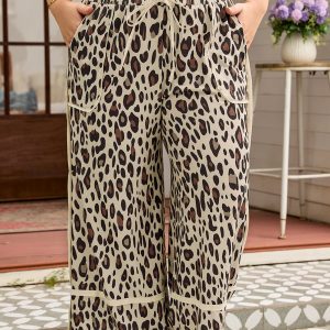 Khaki Exposed Seam Patched Pocket Plus Size Drawstring Leopard Wide Leg Pants