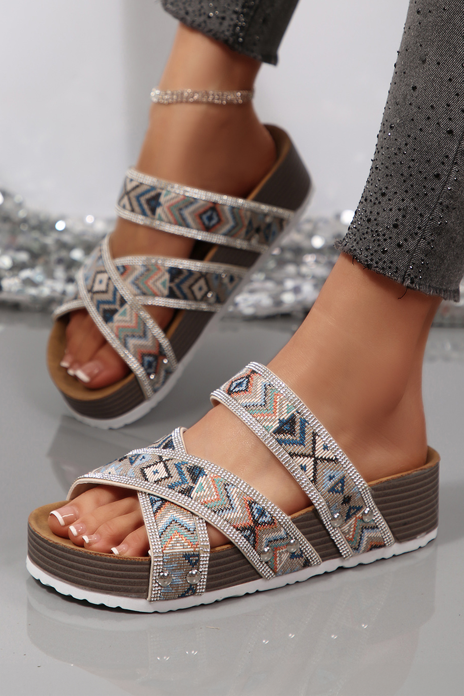 Color black Tribal Geometric Rhinestone Embellished Strappy Hollowed Platform Slippers - Image 4