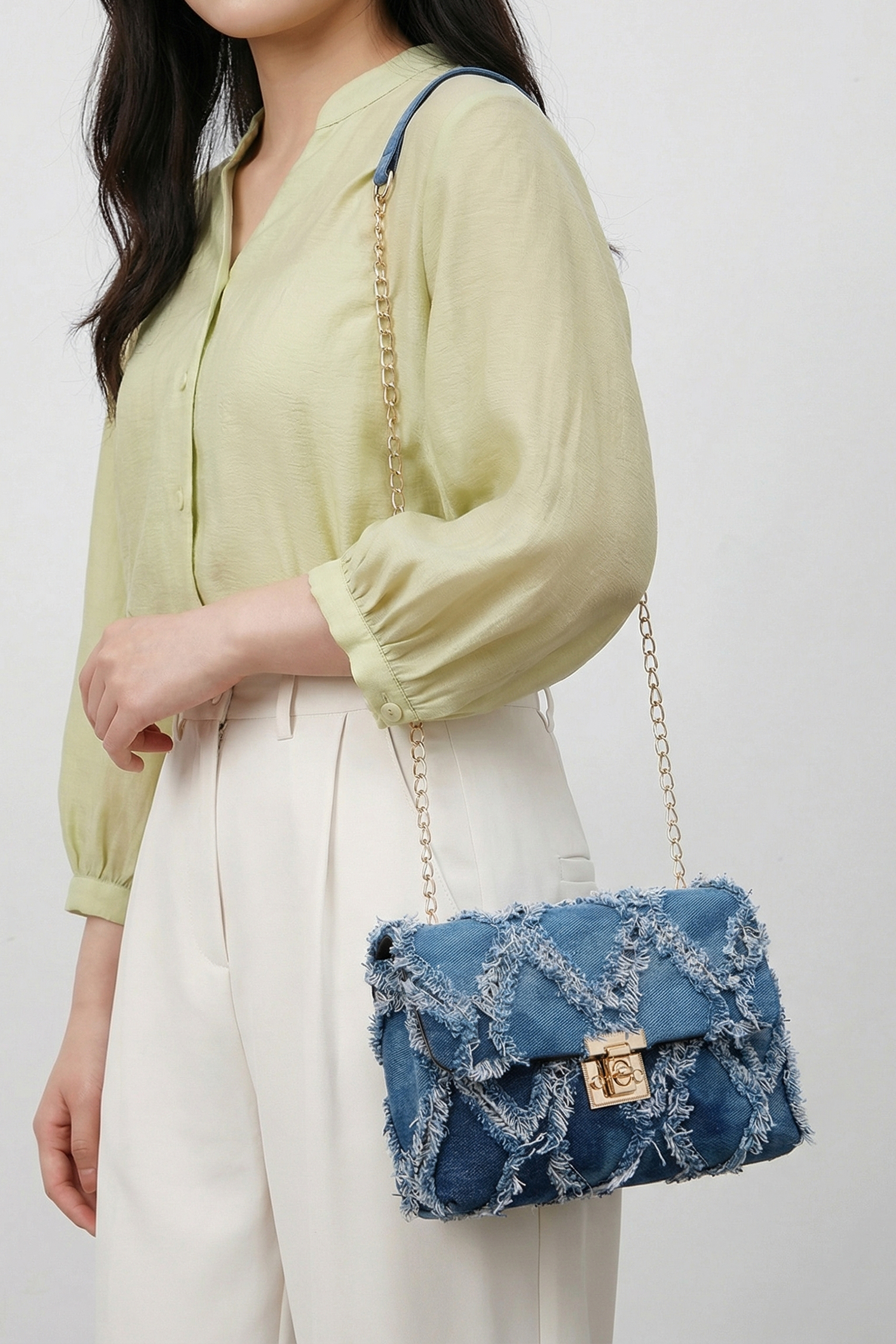 Blue Distressed Lattice Denim Chain Strap Shoulder Bag - Image 2