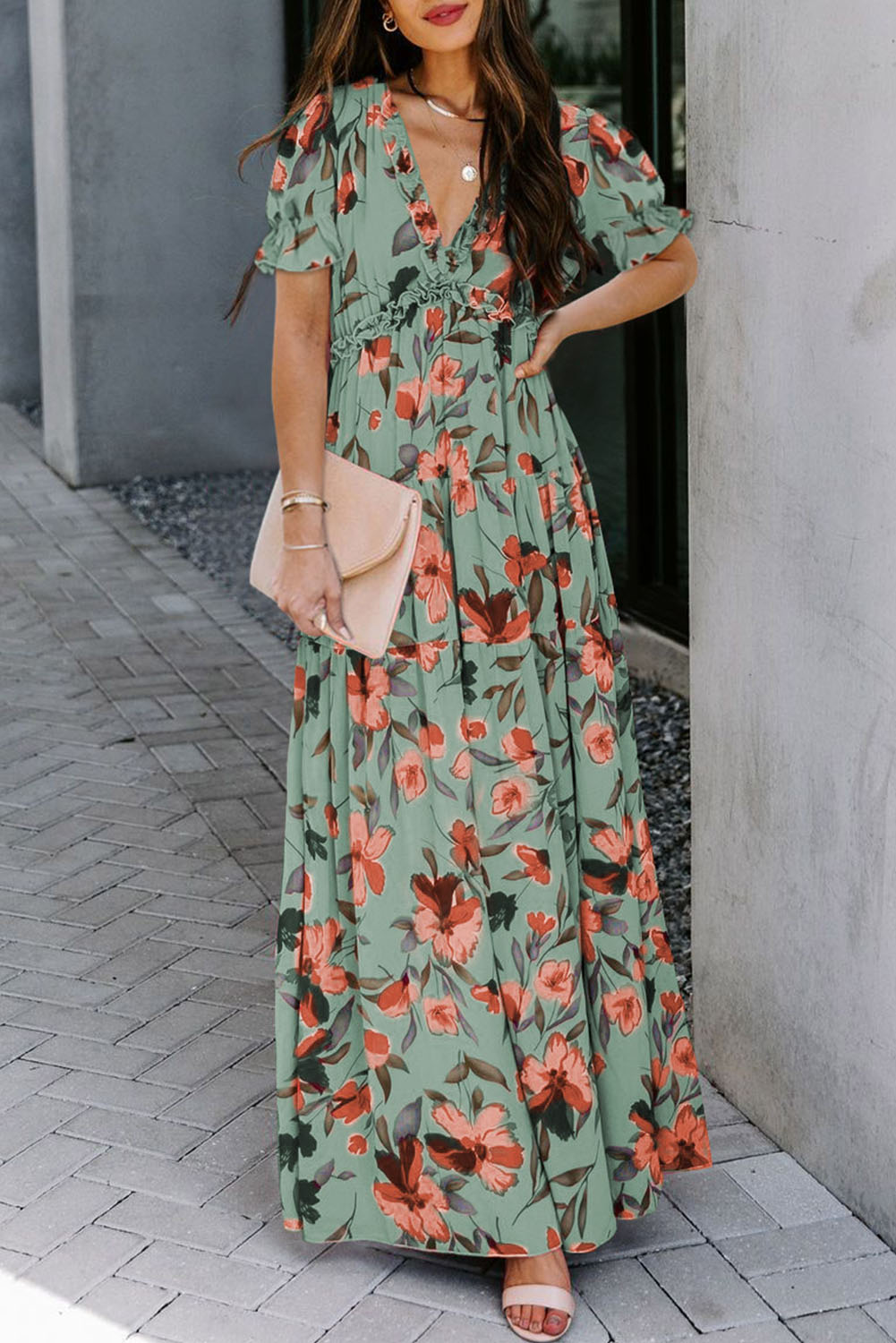 Sky Blue Fiery Floral Print Frilled V Neck Short Sleeve Maxi Dress - Image 7