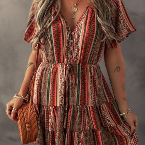 Red Bohemian Floral Print Buttoned V Neck Ruffle Tiered Dress