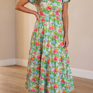 Green Floral Print V Neck Short Puff Sleeve Cotton Maxi Dress