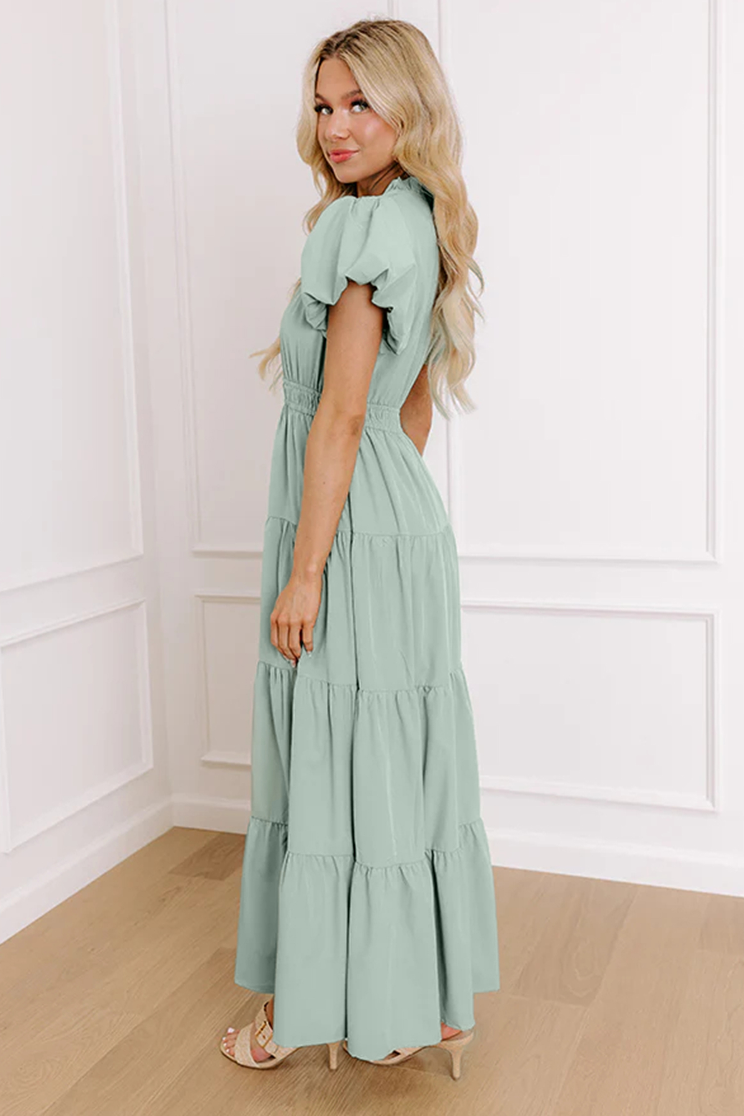 Gossamer Pink Solid Color V Neck Short Puff Sleeve High Waist Tiered Maxi Dress - Image 9