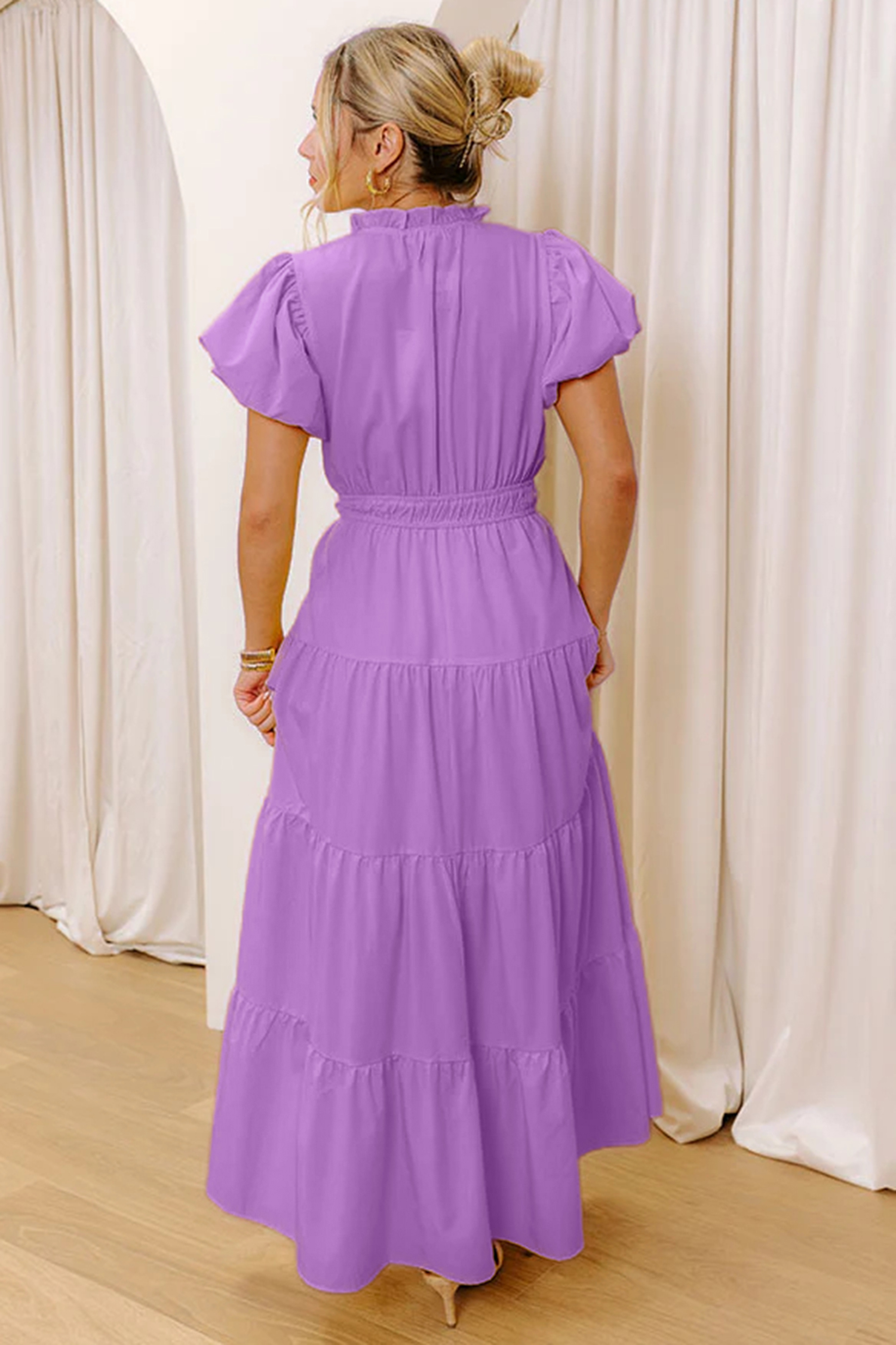 Gossamer Pink Solid Color V Neck Short Puff Sleeve High Waist Tiered Maxi Dress - Image 14