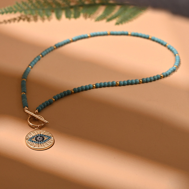 Bead Necklace Women's Round Devil's Eye Pendant Necklace - Image 3