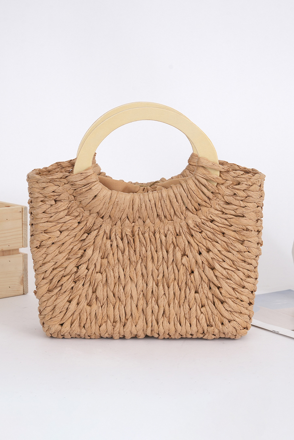 Camel Retro Straw Woven Handle Bag - Image 4