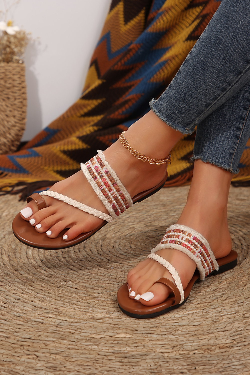 White Beaded Embroidered Braided Strap Thong Slippers - Image 4