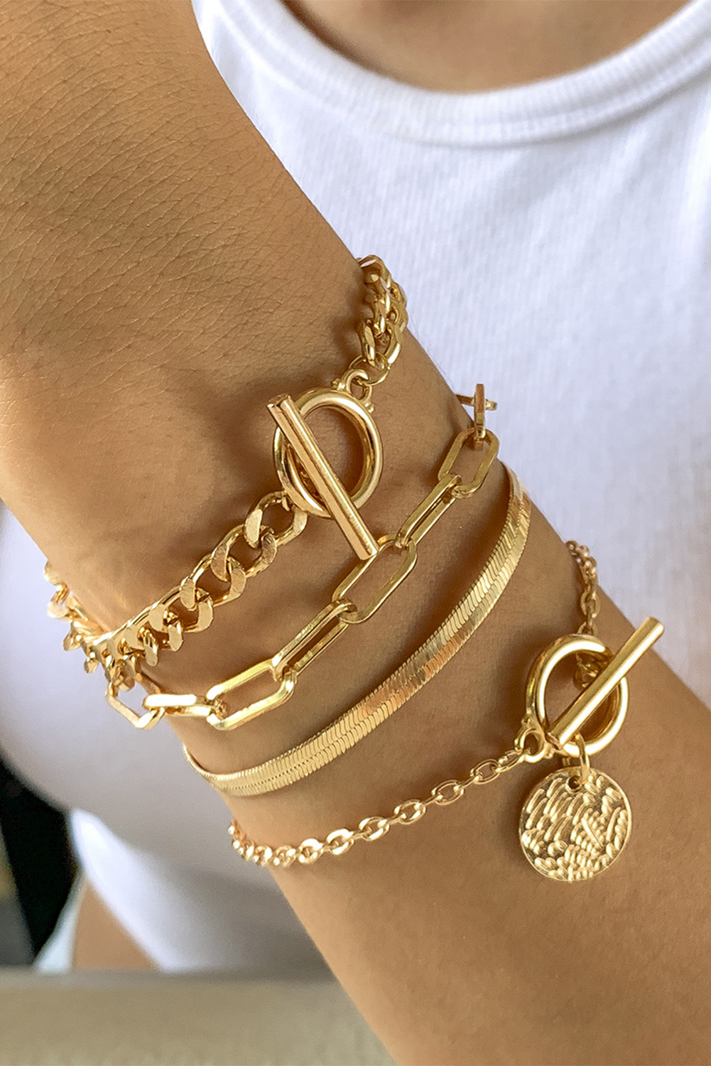 Gold Multi Layered Rhinestone Plated Chain Bracelet Set - Image 2