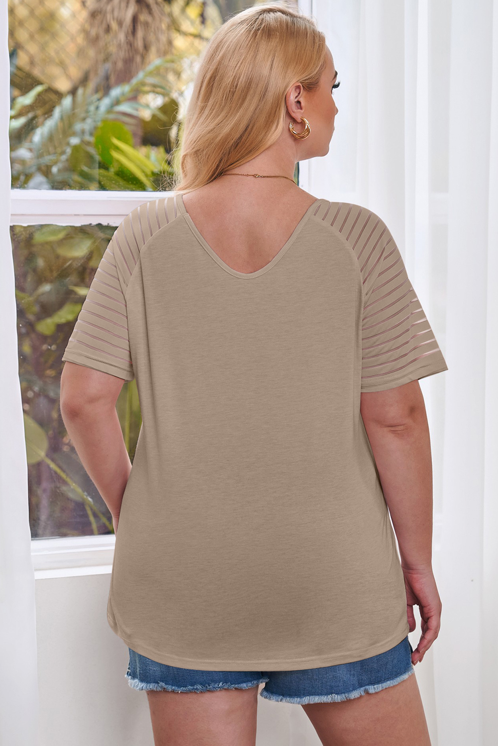 Khaki Striped Raglan Sleeve Plus Size Tee - Image 2