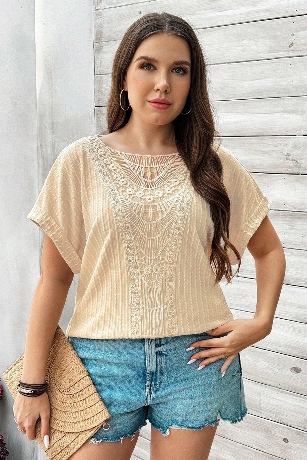 Beige Lace Crochet Patched Cable Textured Cuffed Short Sleeve Plus Size Top - Image 4