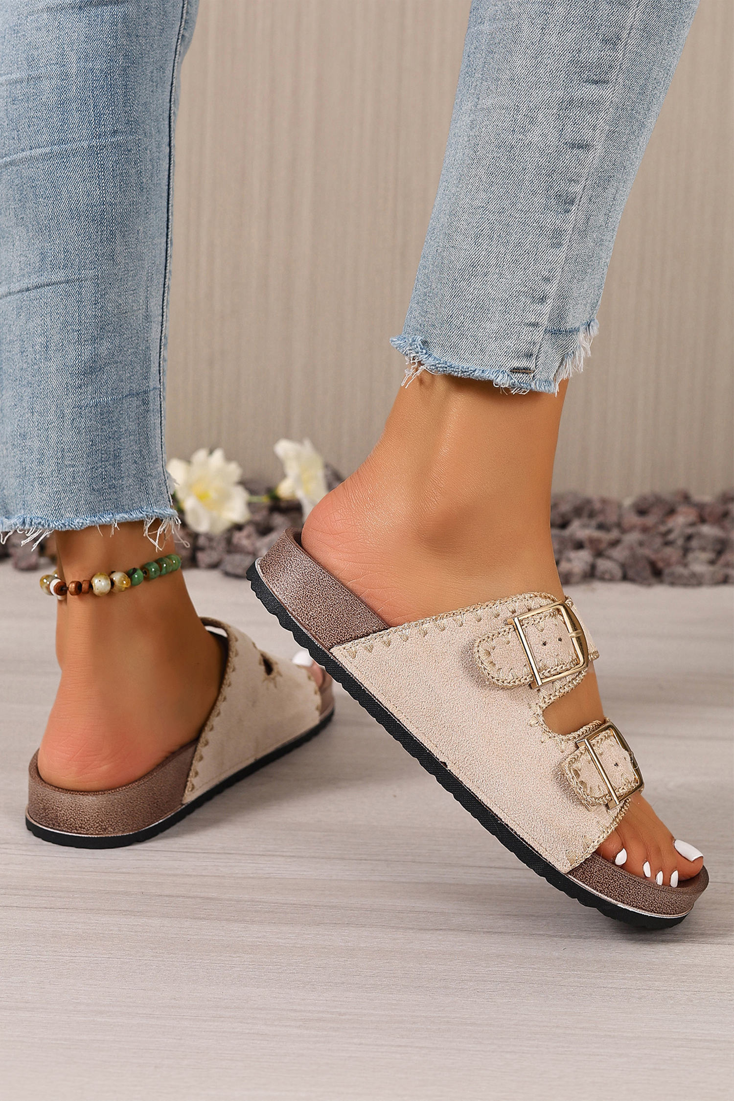 Beige Embroidered Trim Retro Buckle Faux Suede Slippers - Image 3