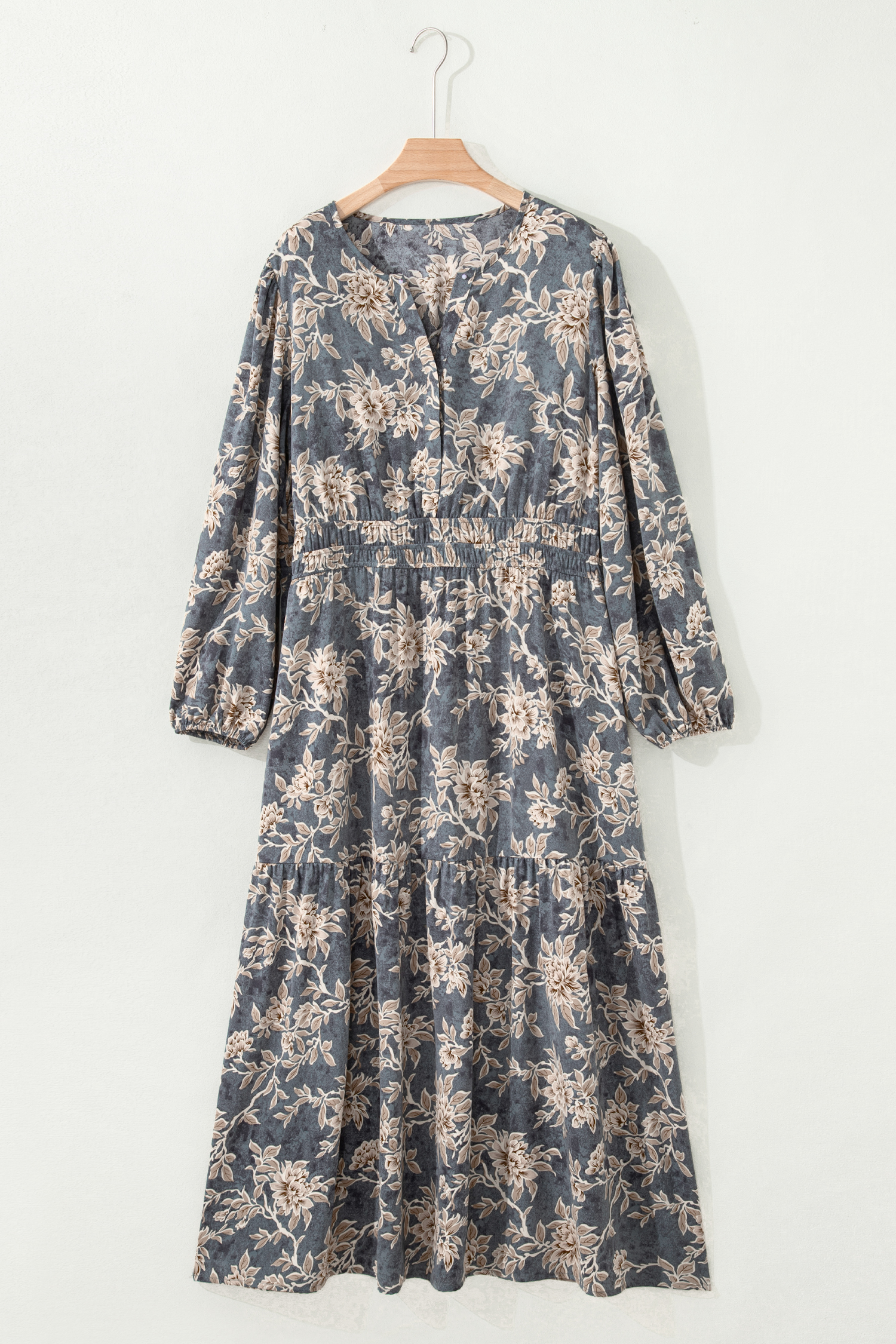 Sky Blue Plus Size Floral Print Split Neck Shirred High Waist Long Sleeve Maxi Dress - Image 4