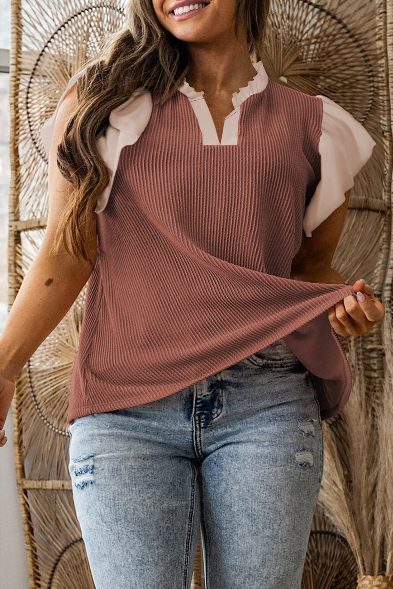 Fushia Plus Size Contrast Frilled Neckline Ruffled Short Sleeve Ribbed Textured Blouse - Image 13