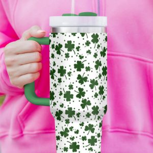 Dark Green Clover Print Thermos Cup with Handle 40oz