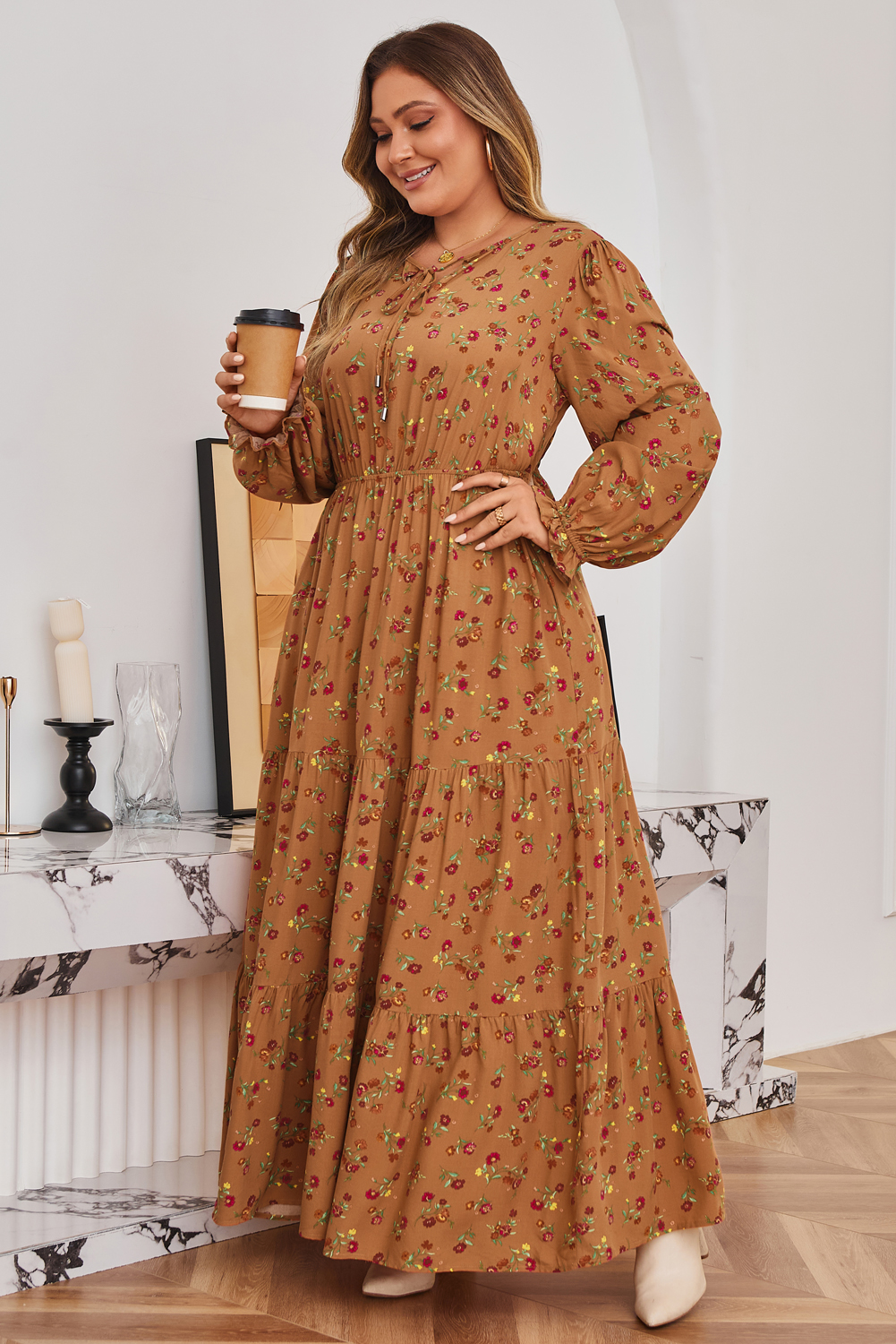 Brown Plus Size Floral Split V Neck Ruffled Sleeve Tiered Maxi Dress - Image 6