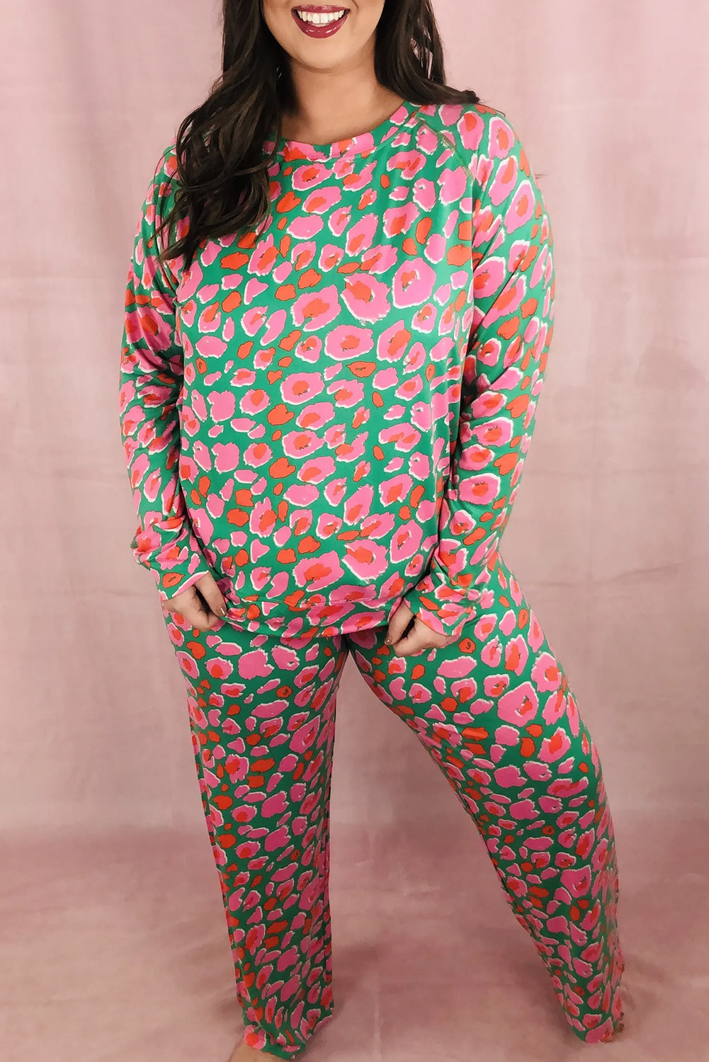 Green Plus Size Printed Long Sleeve and Pants Lounge Set - Image 8