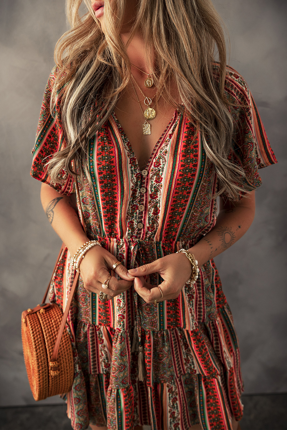 Red Bohemian Floral Print Buttoned V Neck Ruffle Tiered Dress - Image 5