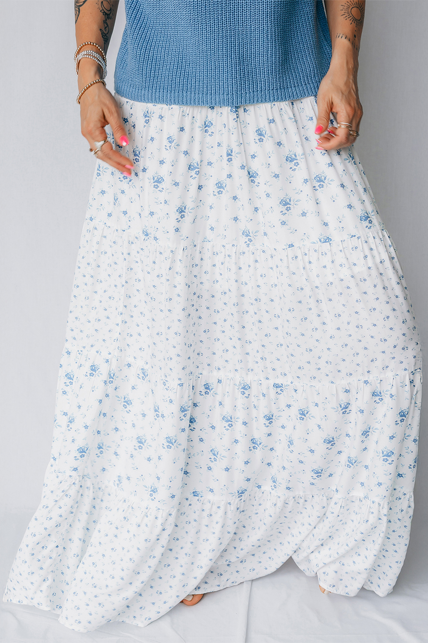 Sky Blue High Waist Tiny Floral Print Boho Maxi Skirt - Image 6
