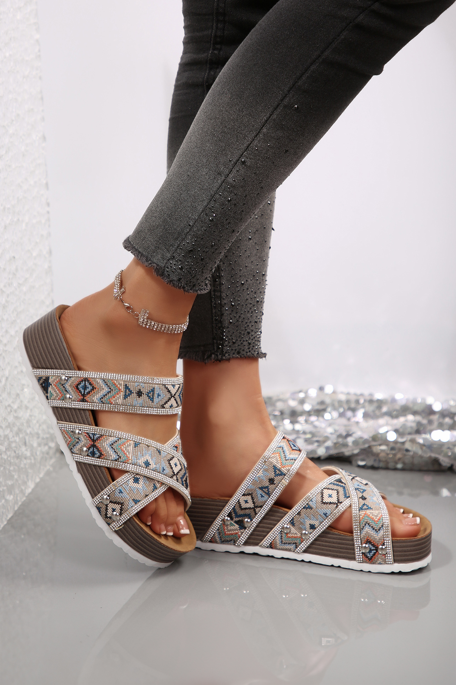 Color black Tribal Geometric Rhinestone Embellished Strappy Hollowed Platform Slippers - Image 3