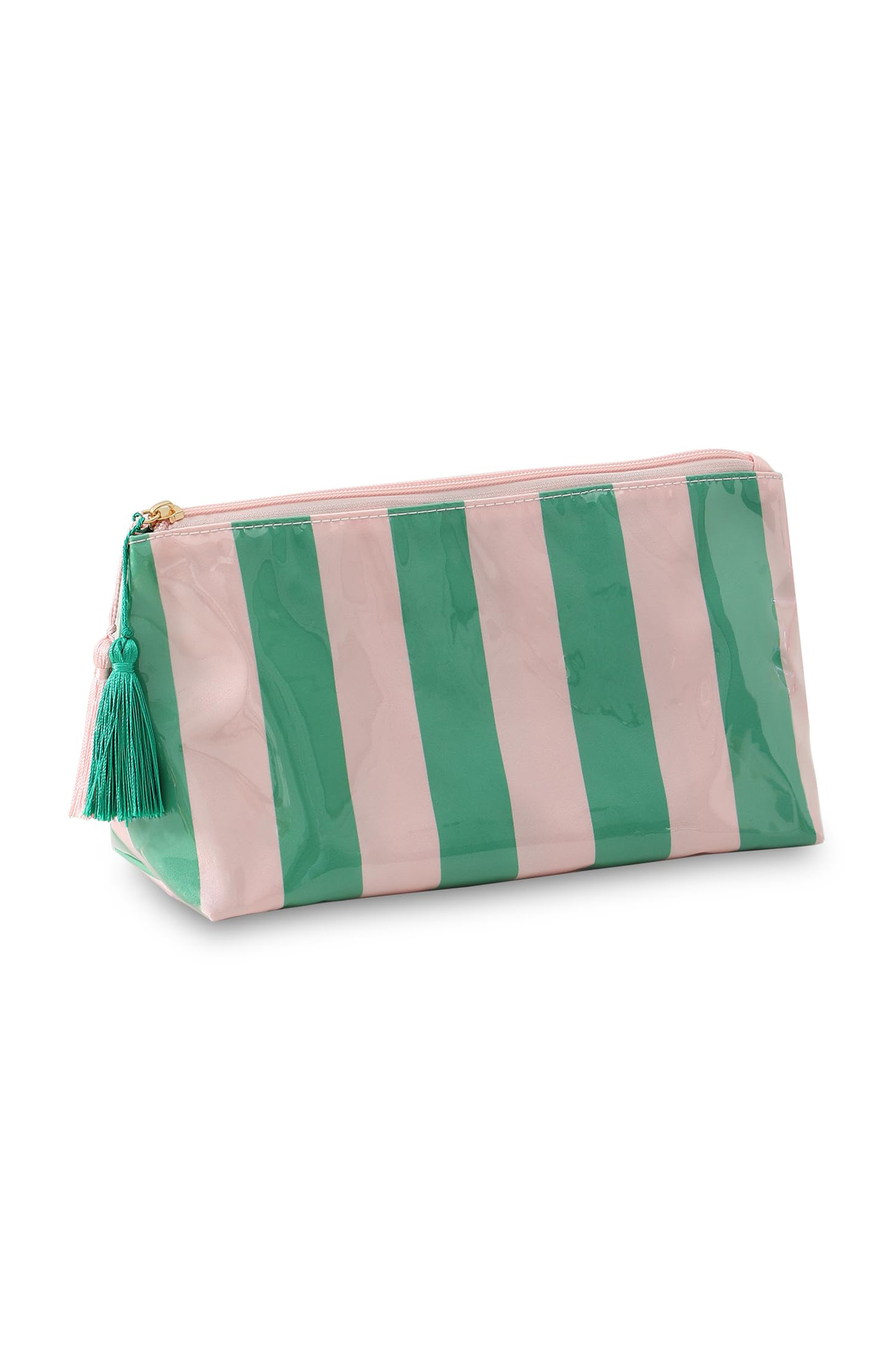 Dark Green Striped Vinyl Waterproof Tassel Zipper Makeup Bag - Image 8