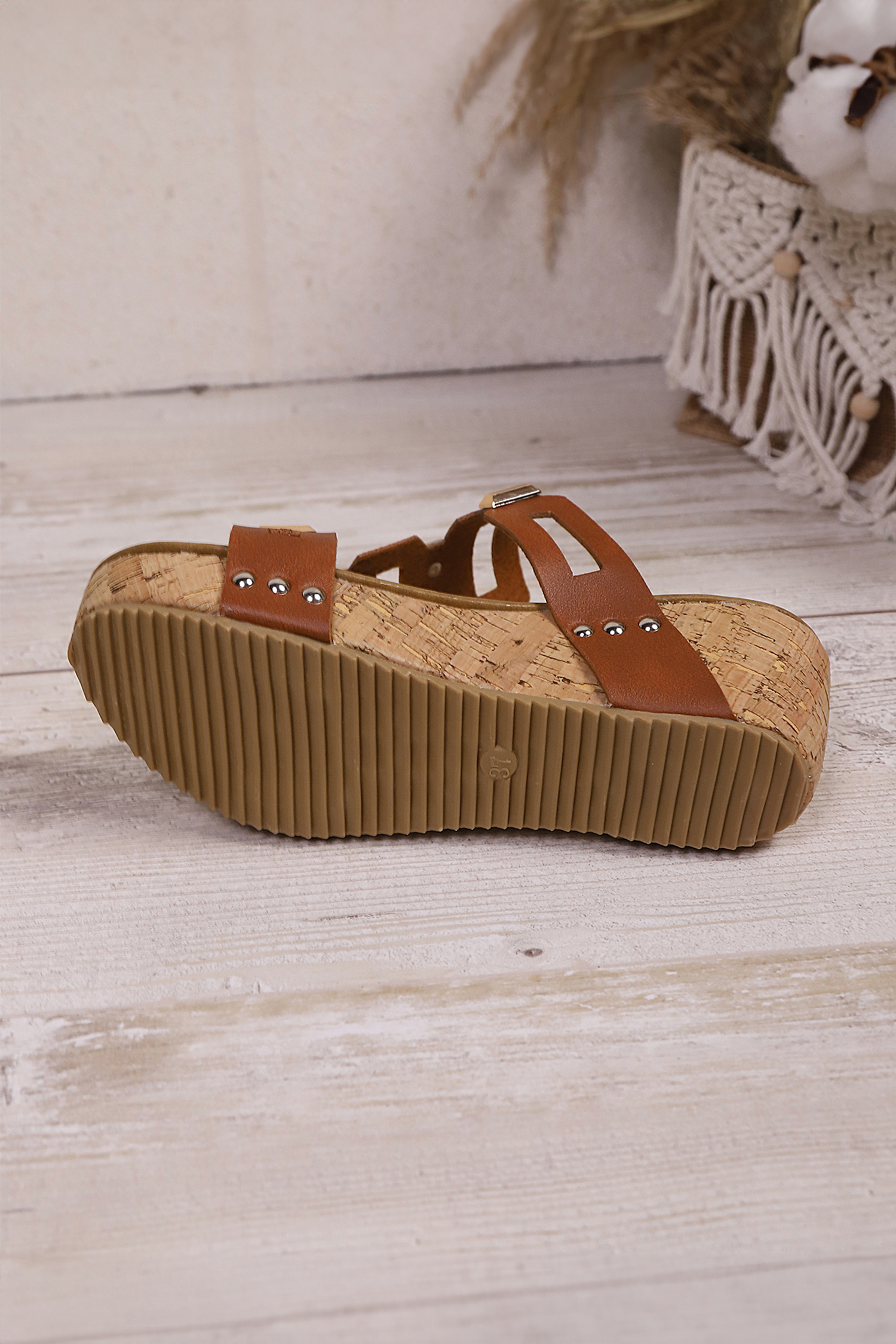 Coffee Retro Hollowed PU Leather Wedge Platform Slippers - Image 7