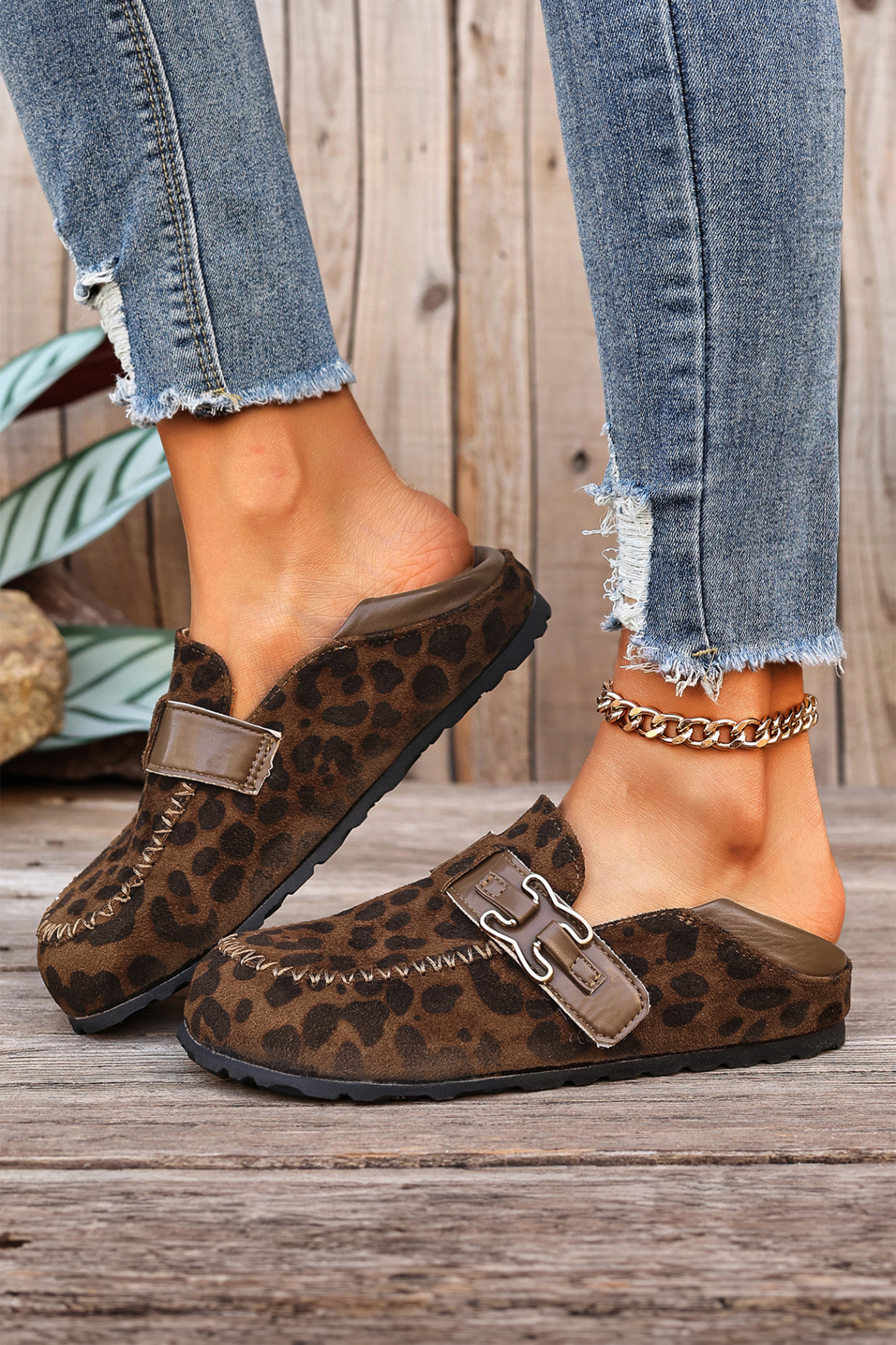 Khaki Faux Suede PU Leather Patchwork Retro Buckle Slip On Shoes - Image 6