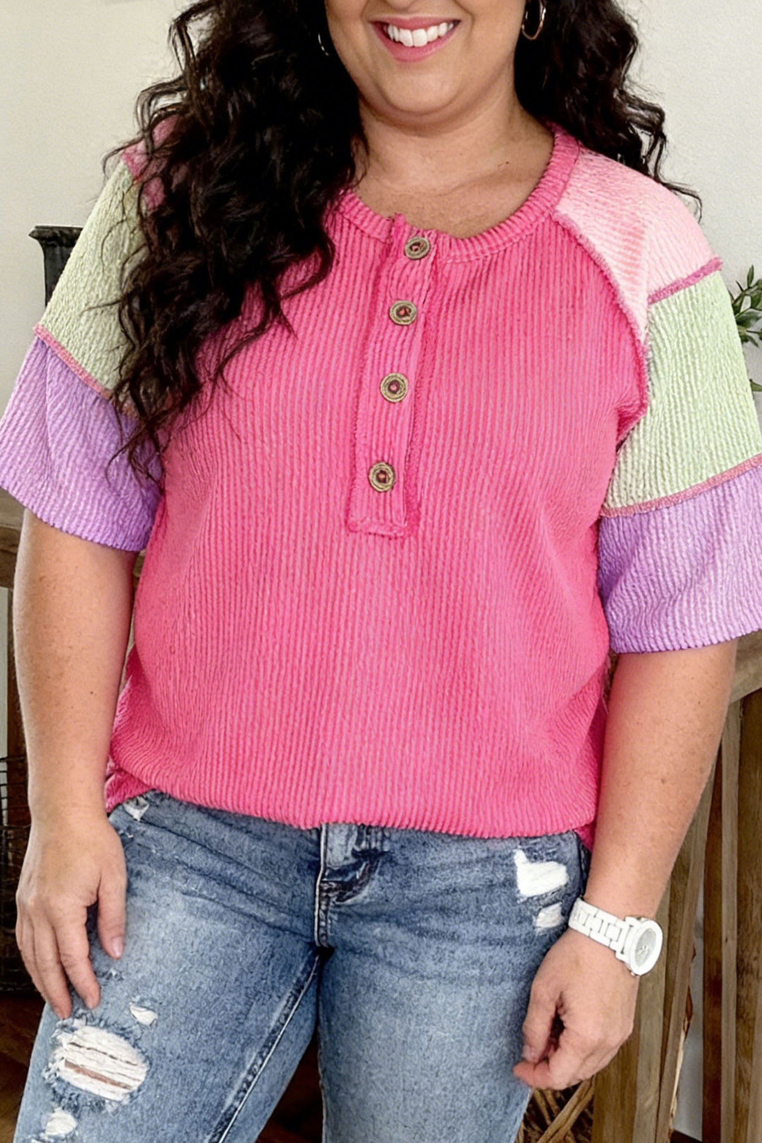 Bright Pink Plus Size Twisted Rib Color Block Patchwork Short Sleeve Henley Top - Image 8