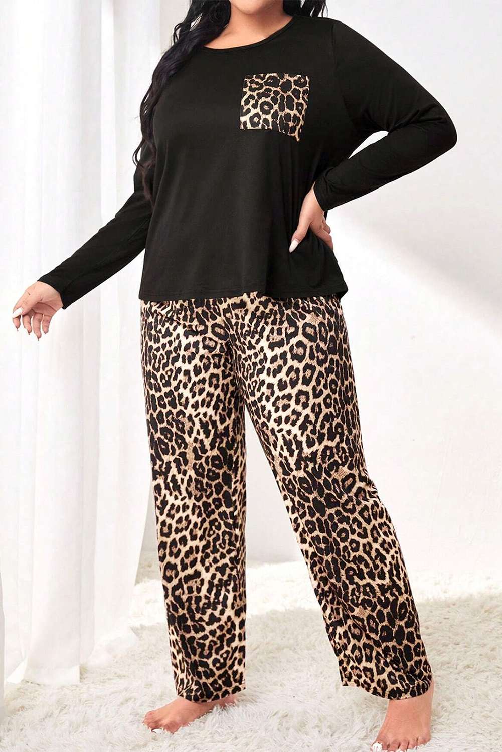 Black Leopard Patched Pocket Long Sleeve Top Plus Size Pants Set - Image 6