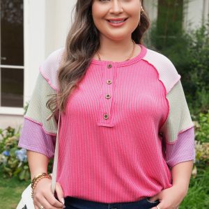 Bright Pink Plus Size Twisted Rib Color Block Patchwork Short Sleeve Henley Top