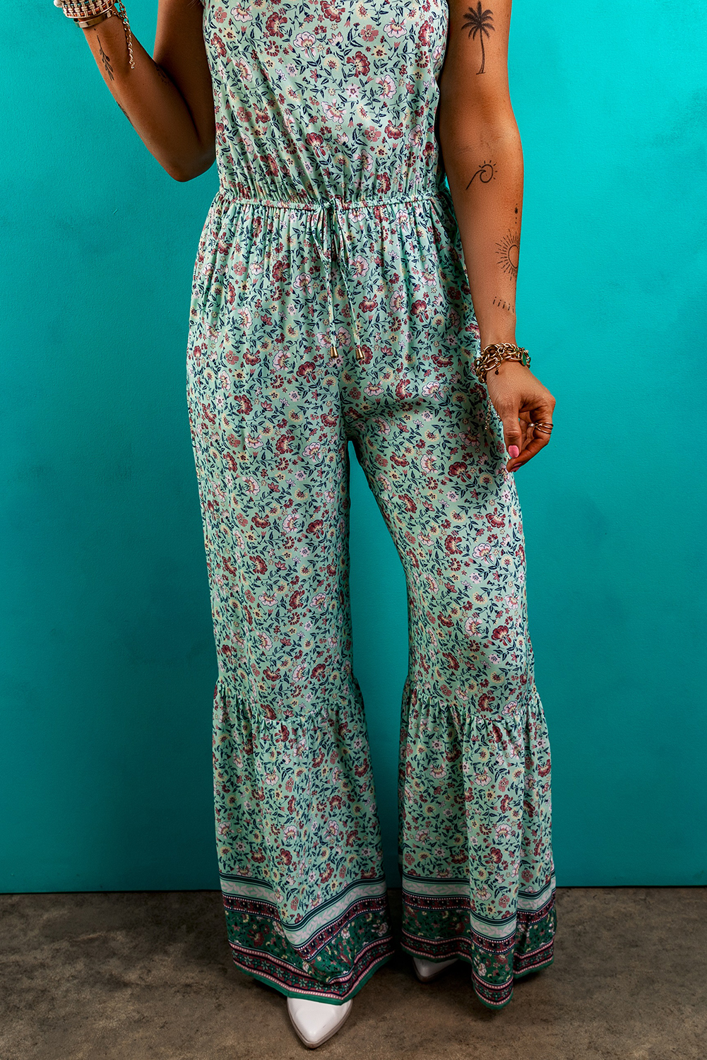 Green Bohemian Floral Ruffle Bottom Spaghetti Strap Jumpsuit - Image 4