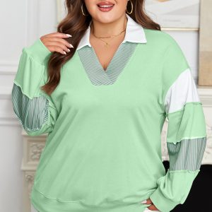 Moonlight Jade Color Block Striped Patchwork Collar V Neck Plus Size Sweatshirt