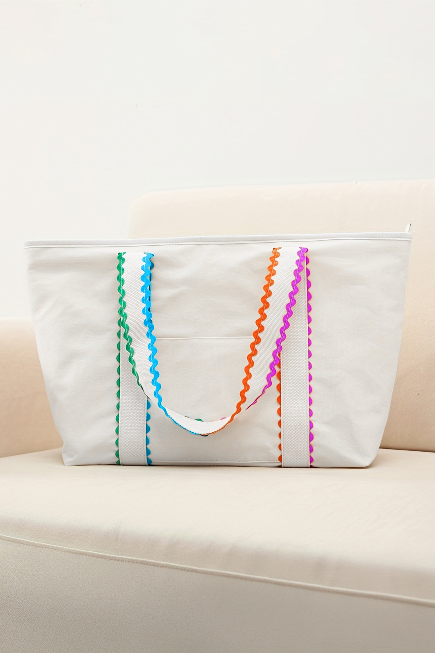 White Colorful Ricrac Detail Canvas Tote Bag - Image 4