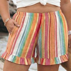 Orange Stripe Plus Size Elastic Waist Ruffle Hem Shorts