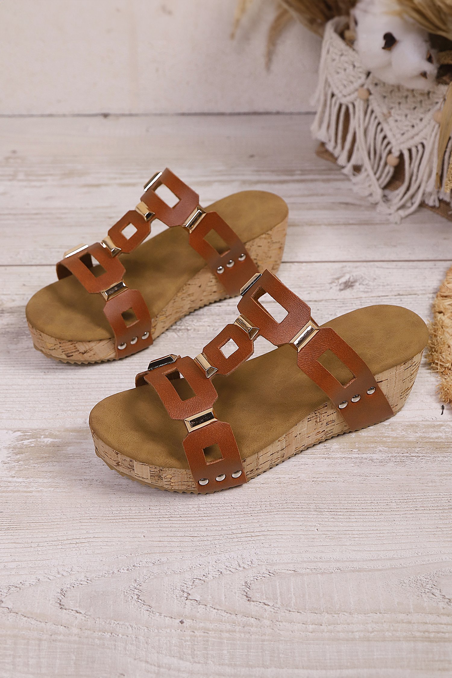 Coffee Retro Hollowed PU Leather Wedge Platform Slippers - Image 6
