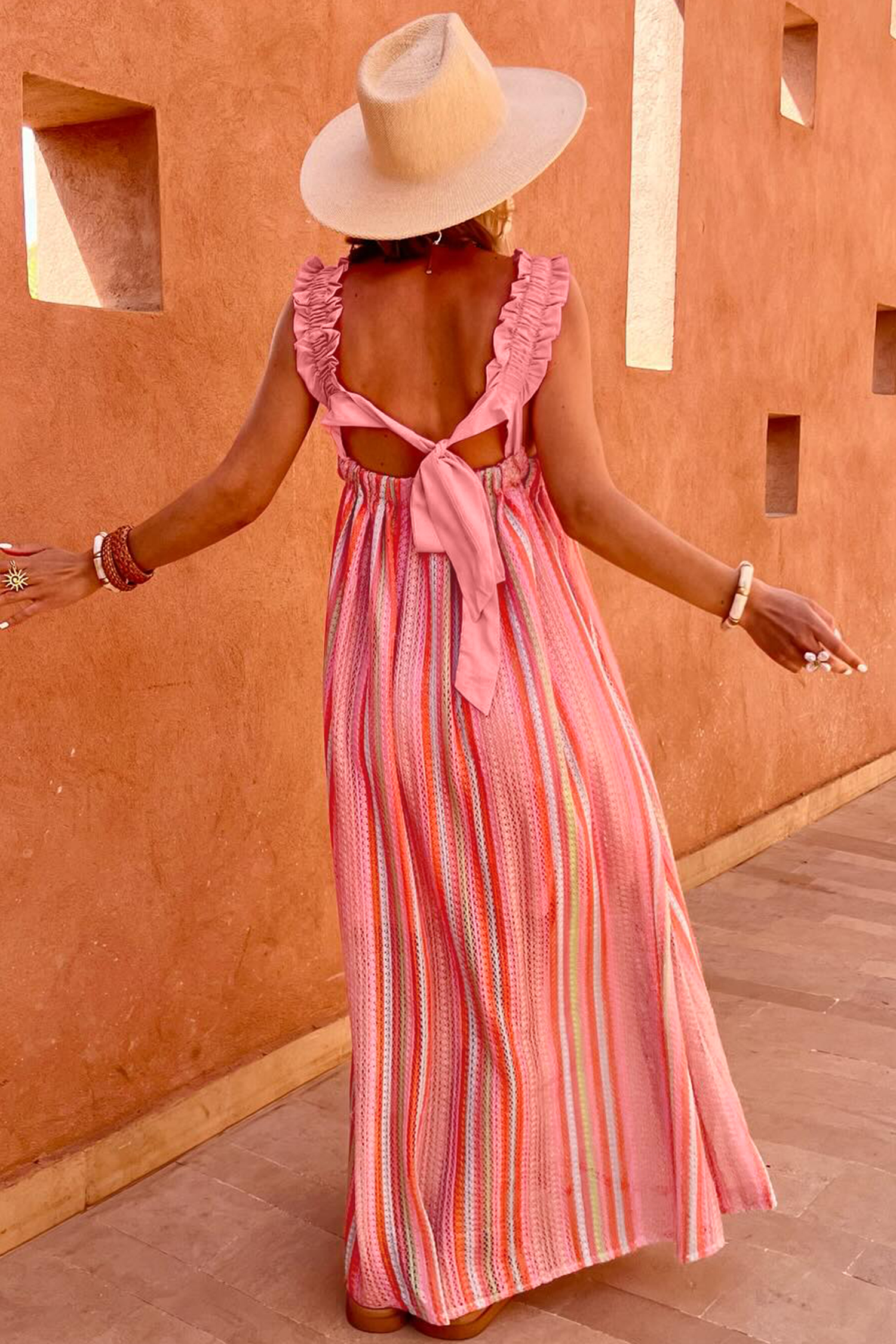 Pink Stripe Ruffled Straps Ribbon Knot Flowy Vacation Maxi Dress - Image 2
