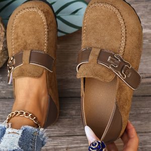 Khaki Faux Suede PU Leather Patchwork Retro Buckle Slip On Shoes