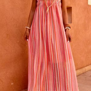 Pink Stripe Ruffled Straps Ribbon Knot Flowy Vacation Maxi Dress