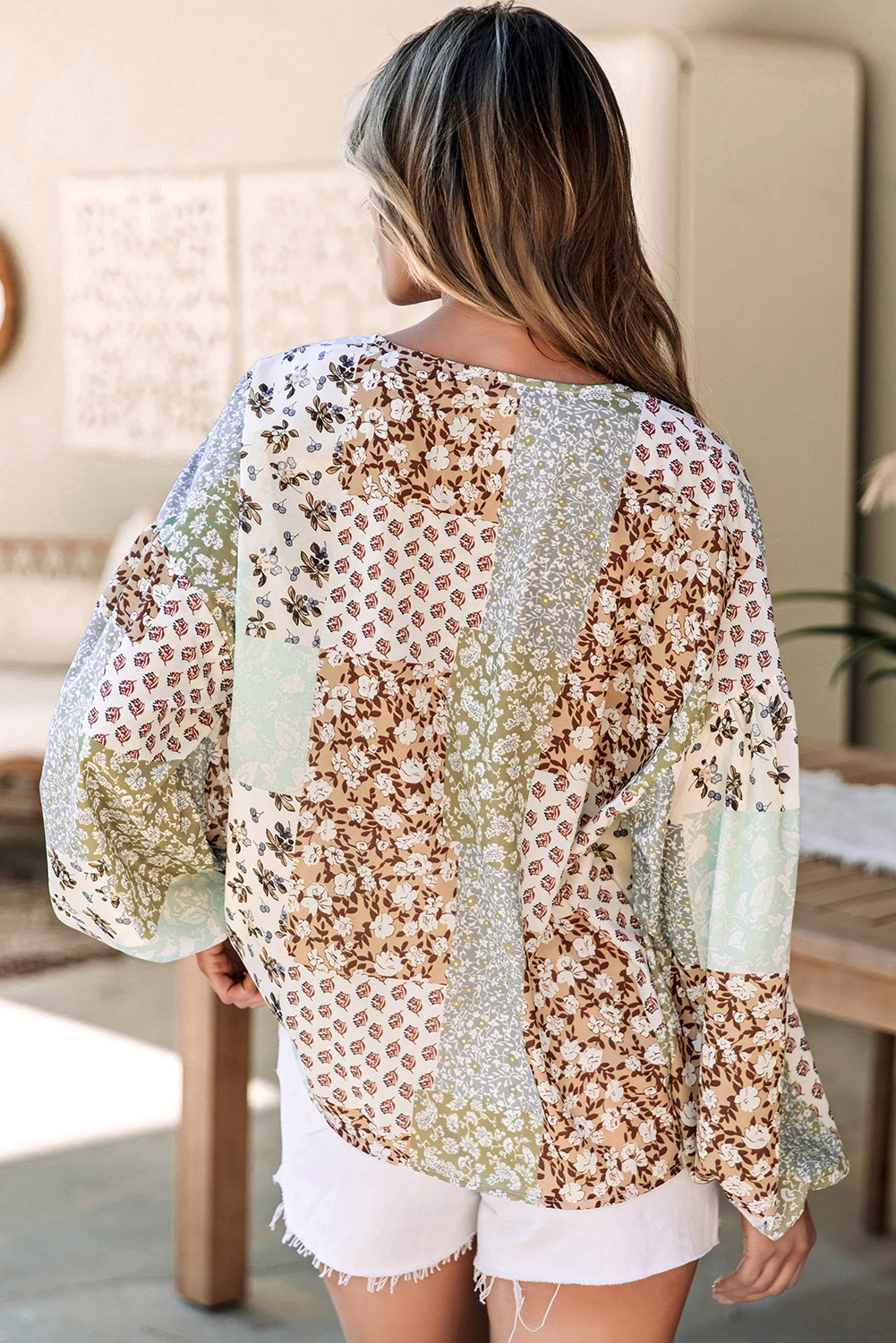 Multicolor Floral Patchwork Print Long Puff Sleeve Shirt - Image 2