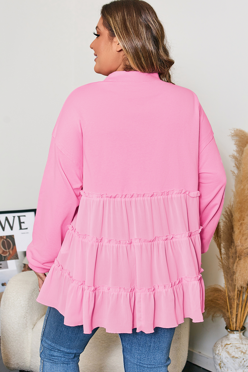 Pink Tiered Ruffle Ribbed Crew Neck Pullover Plus Size Top - Image 2